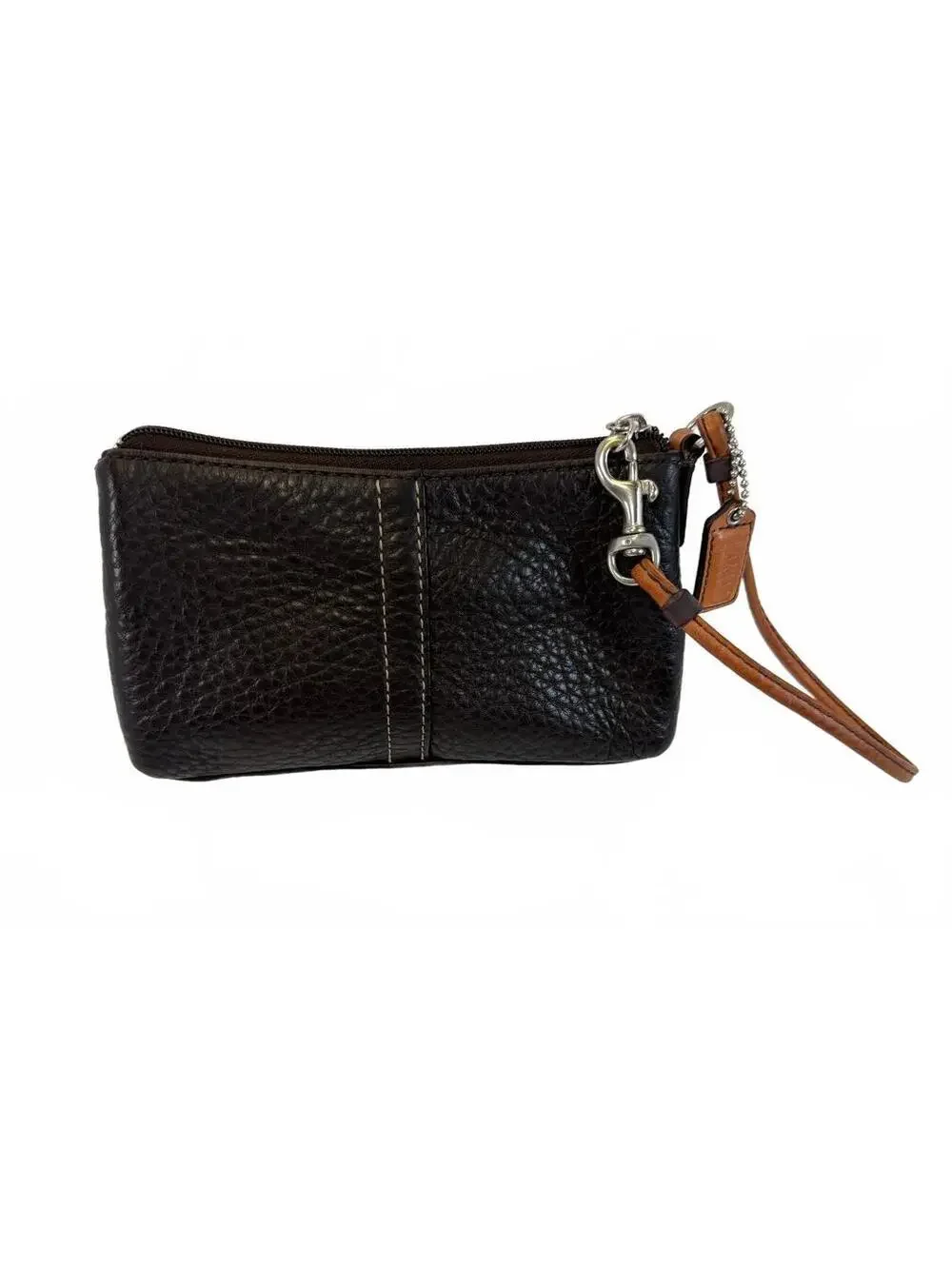 Coach | Pebbled Leather Wristlet Pouch | Brown & Tan Stitching | OS